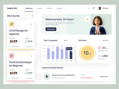 E - Learning Dashboard - Learn.ink Animation analytics animation card chart clean course daily task dashboard design e-course e-learning graphic design learning minimalist modern motion graphics task ui ux website