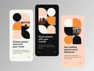 Mobile App Travel onboarding screens app branding dark design journey light minimal mobile onboard onboarding orange travel trip ui ux vector web website