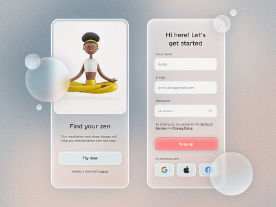 Sign up page Daily UI Challenge 001 3d app daily dailyui design form ios login meditation minimal onboarding password register sing in sing up singup ui ux