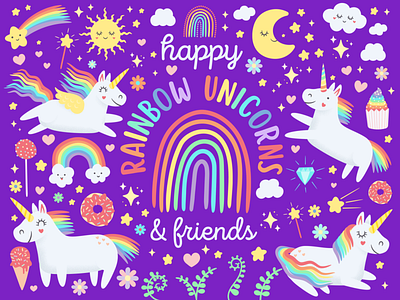 Happy Rainbow Unicorns & Friends! cake pop clipart set cupcakes cute unicorns design icecream illustration magical unicorns moon purple rainbows shooting star sprinkle donuts stars sun unicorn illustrations unicorns vector
