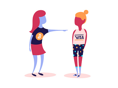 Bitcoin vs Visa 2d bitcoin characters finger flat fun girls illustration laughing visa
