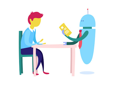 Interview with a robot character flat illustration interview man meeting robot vector