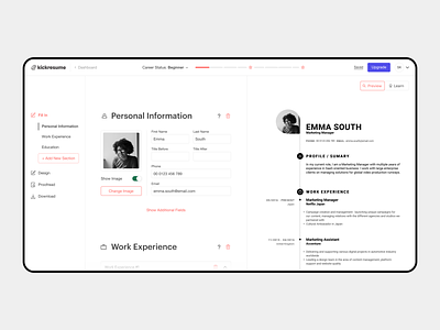 Kickresume Editor app application clean design desktop hiring icon interaction interface minimalistic online redesign site ui ux web website white