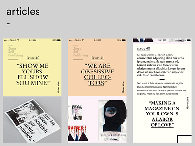 App · Zines (WIP) - Articles art direction fanzines graphic design product design sketch ui