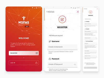 NSFAS - App - Registration Form app black form grey logo orange splash ui ux white