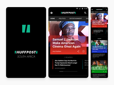 Huffpost SA - App - Splash + Feed app black blue design feed green logo news red ui ux white