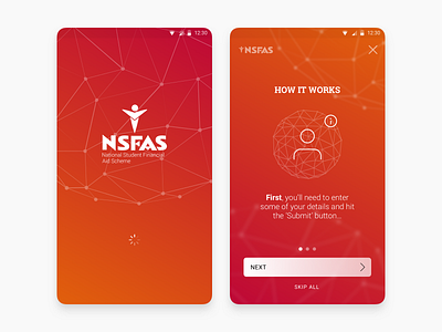 NSFAS - App - Splash + Onboarding app black button design logo onboarding orange red ui ux white