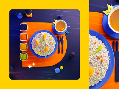 36DOT 22 — Dish • Chicken Biryani + Darjeeling 36daysoftype 3d biryani blender cup darjeeling design dish flat food gradient illustration illustrator letter plate tea typography yummy