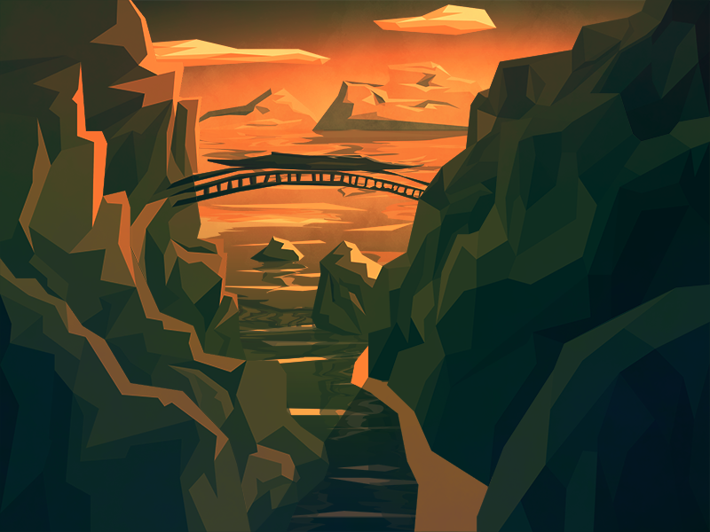 'The Bridge' Low Poly Illustration bridge low poly scene colorful flat gradiant illustration illustrator landscape mountains photoshop vector