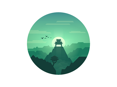 The Shrine 2d badge circle colorful flat gradient illustration illustrator landscape mountains vector