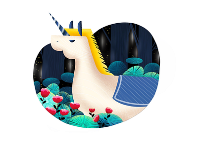 (61/100) unicorn design challenge flower forest illustration leaves night stars unicorn