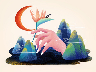 (68/100) Hand and flower bird of paradise bird of paradise flower buddha buddhist designchallenge flower hands illustration moon mountains