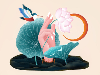 (71/100) Hand and lotus bird chinese chinese style designchallenge hand hummingbird illustration lotus