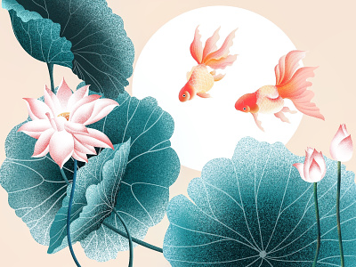 (76/100) Fish And Lotus chinese culture chinese style designchallenge fish goldfish illustration lotus