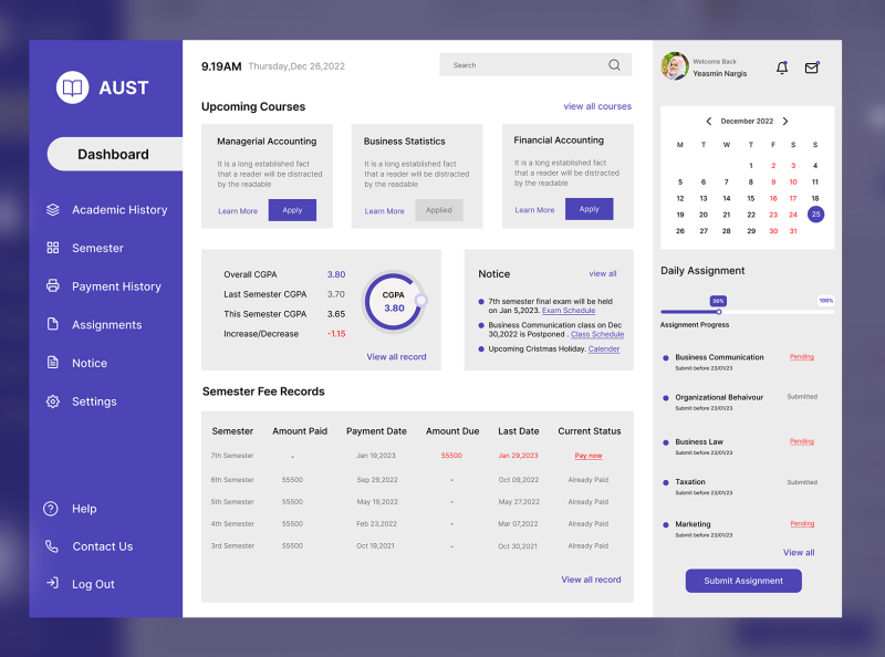 Student Dashboard Design by yeasmin nargis on Dribbble