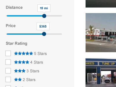Filters blue distance filter gray location nav price ratings results sidebar stars