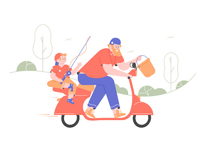 Father Son Fishing Time character father fishing illustration scooter son vector
