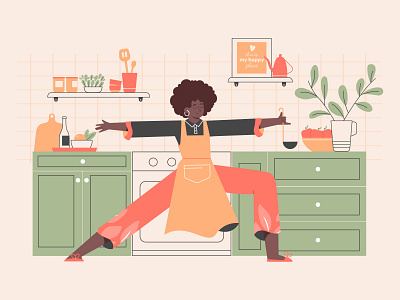Kitchen Workout afro character girl illustration interior kitchen sport vector yoga