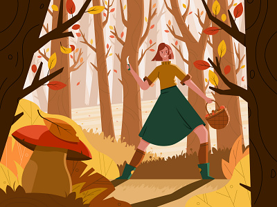 Mushroom Season: Let the Hunt Begin autumn character fall fireart fireartstudio forest girl illustration mushroom season vector