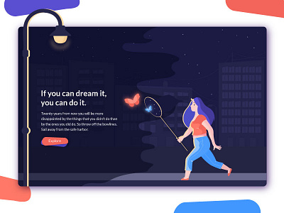 Hello, Dribbble | Girl catches dreams hero illustration light night