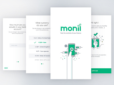 Monii Onboarding android app expense finance green money onboarding setup walkthrough