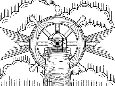 Lighthouse Print boat clouds etch eye lighthouse lines ocean octopus screen print squid tattoo tentacles