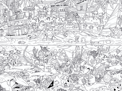 Busy beach colouring poster
