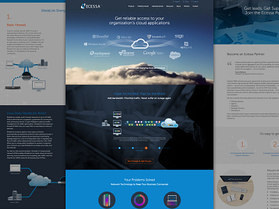 Ecessa website redesign blue clean icons illustration large image backgrounds responsive design sections svg tech technology vector web design