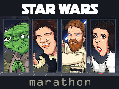 Star Wars Marathon caricature chewbacca han solo jedi luke skywalker obi wan kenobi princess leia star wars yoda