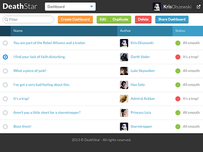 Blast them! dashboard flat design list responsive web design star wars stormtrooper vader web app