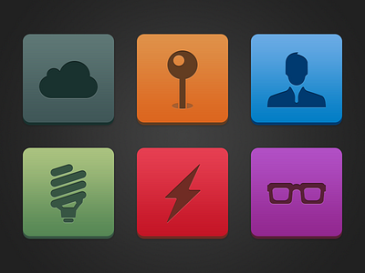 Semi-flat buttons blue bulb button cloud energy flat glasses green icons orange picas purple red user