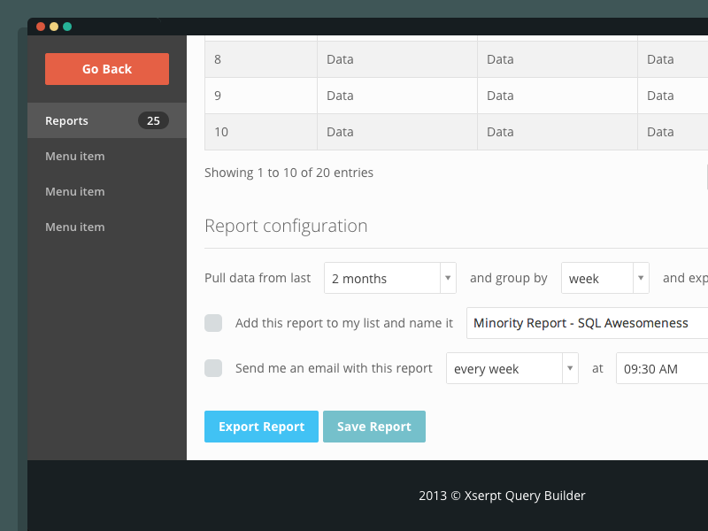 SEO Query Builder - Configuration admin ui flat red blue data table buttons form natural language