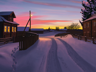 Dusk 2d concept art dusk illustration photoshop village winter