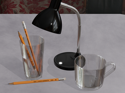 At the desk 1 3d 3d model blender desk glass lamp mug pencil