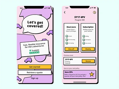LGC Go instant car insurance app app bold insurance modern neubrutalism produc product design quirky ui ux