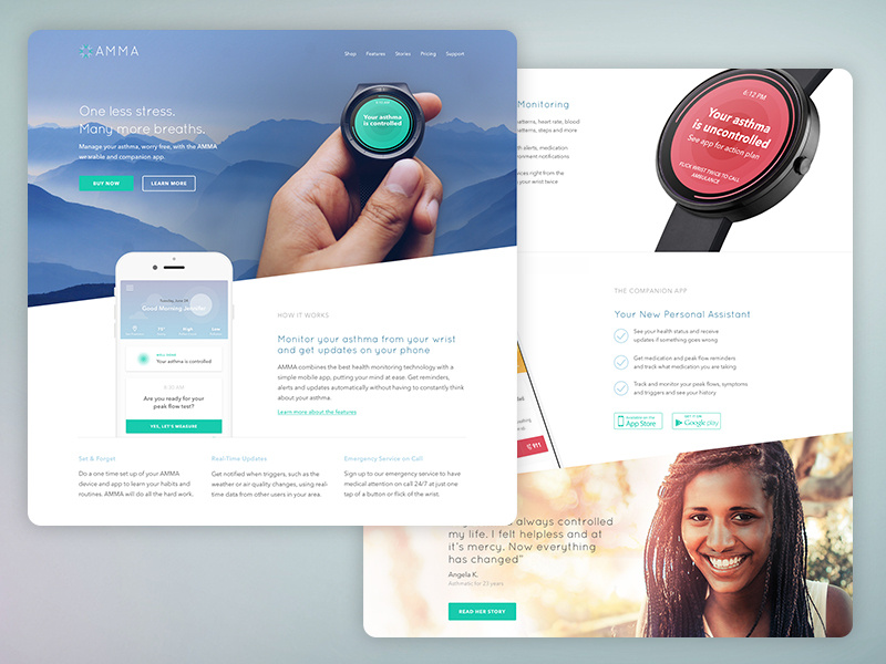 Asthma Wearable Landing Page peak flow landing page monitoring asthma medical blue testimonial flat wearable