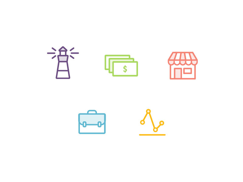 Solution Icons bills briefcase analytics lighthouse vendor merchant business money icons