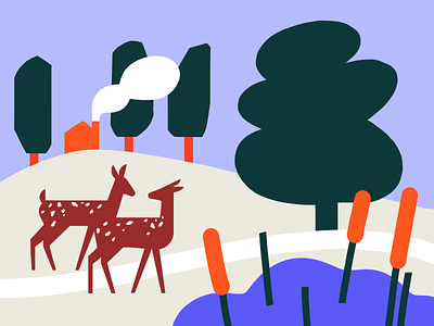 Deer friends animals characters country craft design forest illustration lake landscape meadow nature photoshop plants psd road tree tufting wildlife