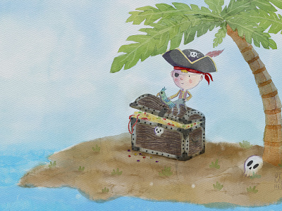 Ahoy! boy digital art illustration palm tree pirate treasure watercolor