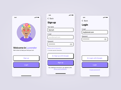 Sign up and Login screens Neubrutalism | Daily UI Challenge 001 app cartoon challenge daily dailyui dating ios lavender login mobile neubrutalism sign up ui