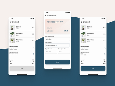 Credit card checkout screens | Daily UI Challenge 002 aloe bonsai challenge checkout credit card design ecommerce ios mobile monstera ui ui challenge