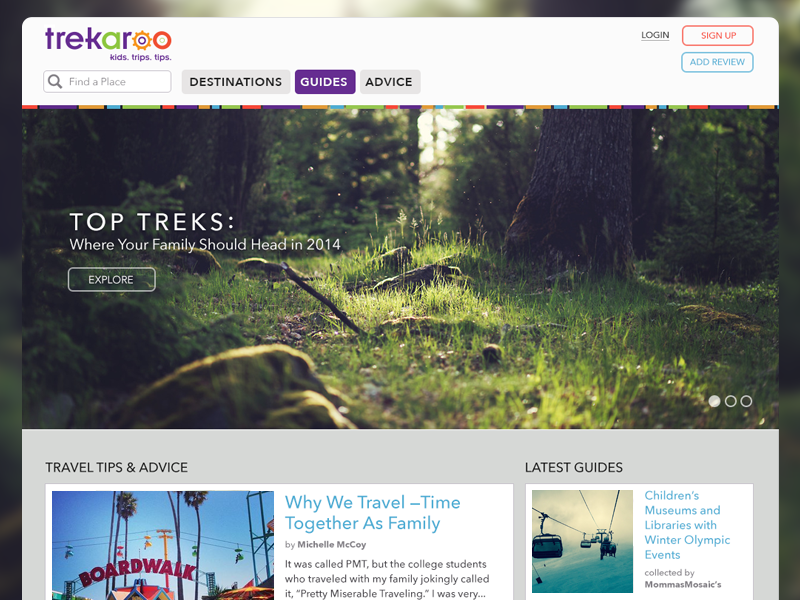 Trekaroo Landing Page website web travel kids hiking forest nature family landing page
