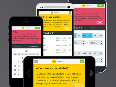 Availability UI Exploration admin alerts app calendar date picker mobile ui user interface