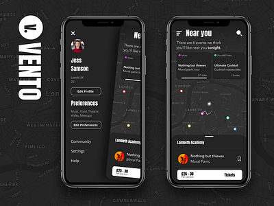 VENTO app app design appui clean concept dark dark app entertainment event app layout leeds minimal modern navigation product design ui uk ux uxui