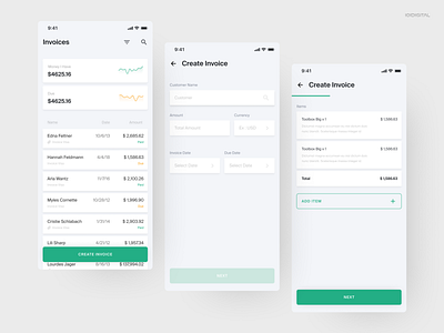 Invoicing App adobe adobexd buisness challenge clean daily dashboard debut entry figma finance flat green invoice invoices minimal table tracker ui ux