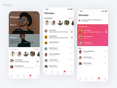 Messages and Chat UI for a Dating App | Tangle branding bumble challenge chat clean daily dating figma figmadesign flat match messaging minimalistic tinder ui