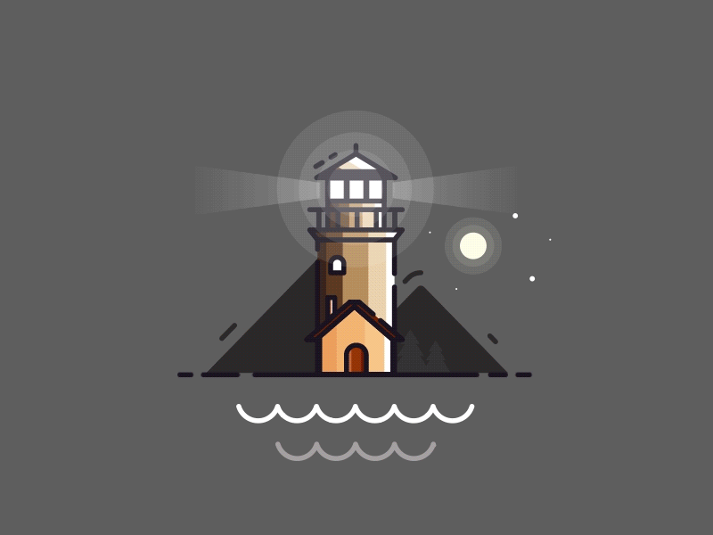 Lighthouse 2d aftereffects animation flatdesign gif icon light lighthouse motion motiongraphics night stars