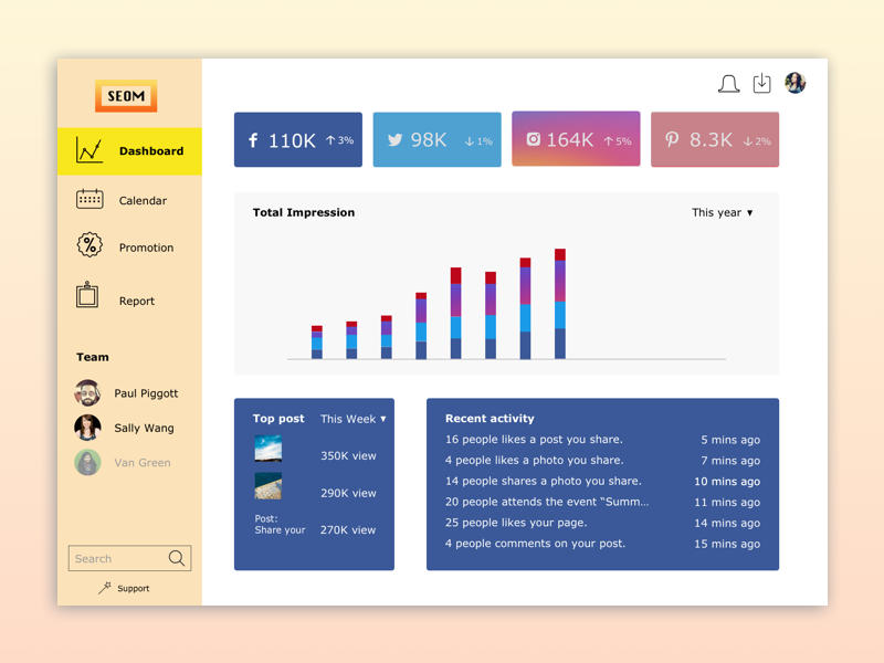 SEOM Social Media Monitoring Dashboard team report dashboard chart facebook social media seo dailyui ux ui