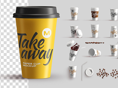 Take Away Paper Cup Mockup & Scene Creator Set 3d advertising branding business cafe coffee design logo mockup packaging scene creator template