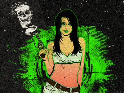 X girl green gun illustration skull smoke